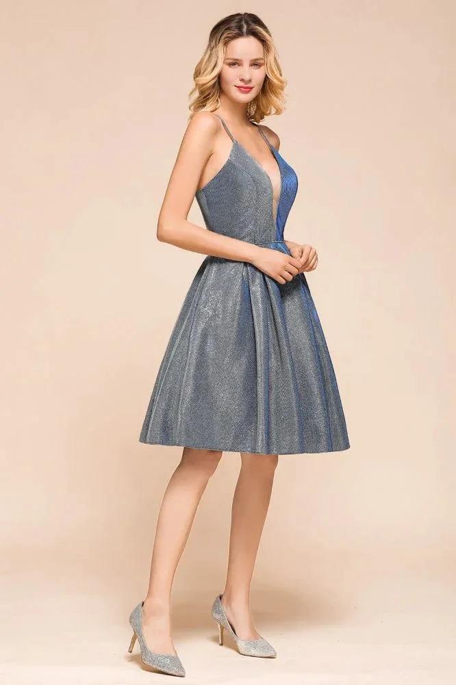 Stunning Double V-Neck Bright Silk Mini Party Dress Sleeveless Homecoming Dress by misshow.com
