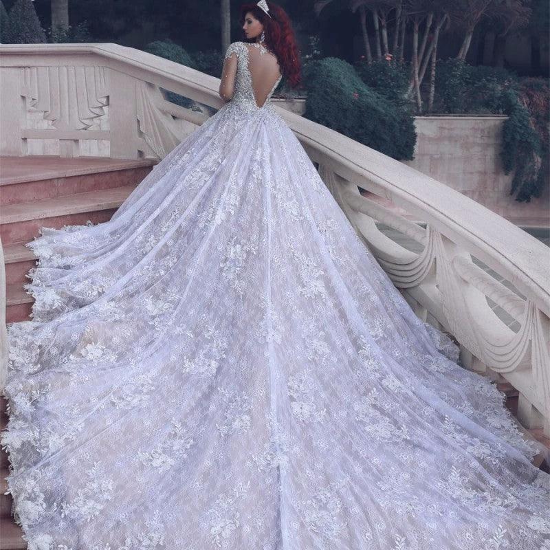 Stunning Gorgeous Muslim Crystal Beading Sheer Lace Wedding Dress by misshow.com