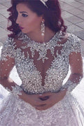 Stunning Gorgeous Muslim Crystal Beading Sheer Lace Wedding Dress by misshow.com