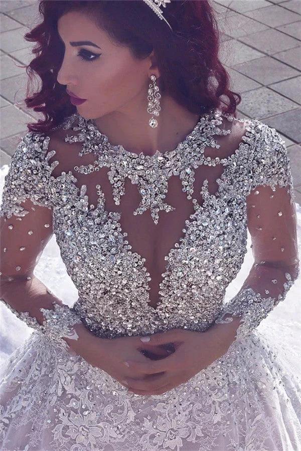 Stunning Gorgeous Muslim Crystal Beading Sheer Lace Wedding Dress by misshow.com