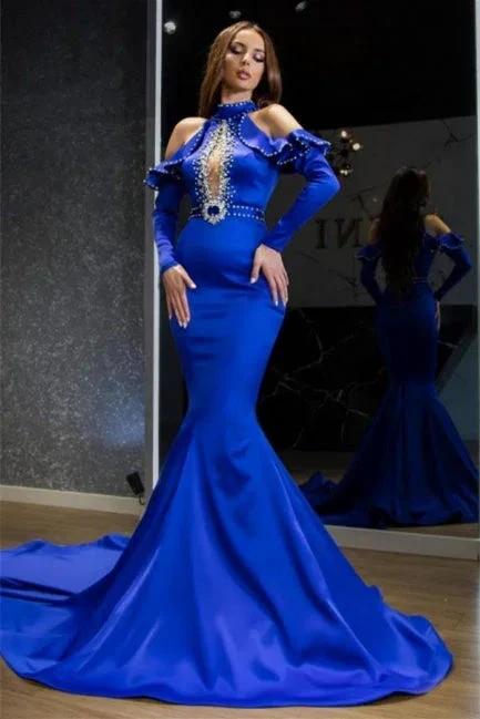 Stunning Halter Royal Blue Evening Party Dress Satin Mermaid Prom Dress by misshow.com