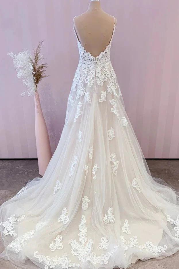 Stunning Long A-Line Spaghetti Straps Appliques Lace Tulle Wedding Dress by BIZTUNNEL