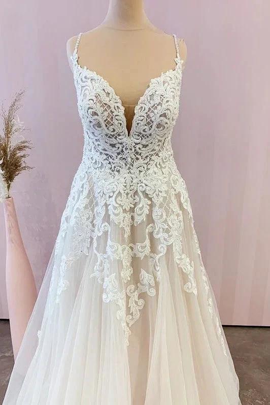 Stunning Long A-Line Spaghetti Straps Appliques Lace Tulle Wedding Dress by BIZTUNNEL