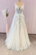 Stunning Long A-Line Spaghetti Straps Appliques Lace Tulle Wedding Dress by BIZTUNNEL