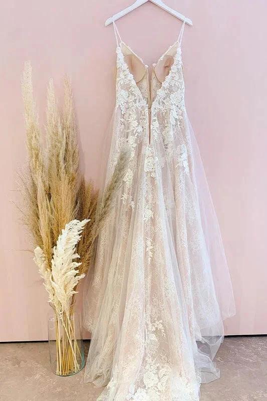 Stunning Long A-Line Spaghetti Straps Tulle Lace Wedding Dress by BIZTUNNEL
