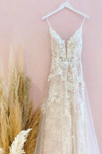 Stunning Long A-Line Spaghetti Straps Tulle Lace Wedding Dress by BIZTUNNEL