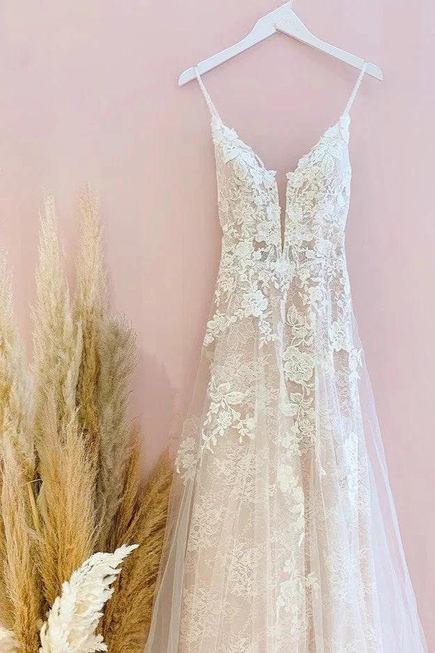 Stunning Long A-Line Spaghetti Straps Tulle Lace Wedding Dress by BIZTUNNEL