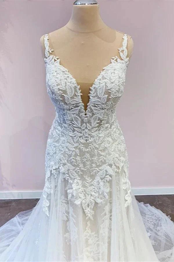Stunning Long A-Line Tulle Sweetheart Appliques Lace Wedding Dress by BIZTUNNEL