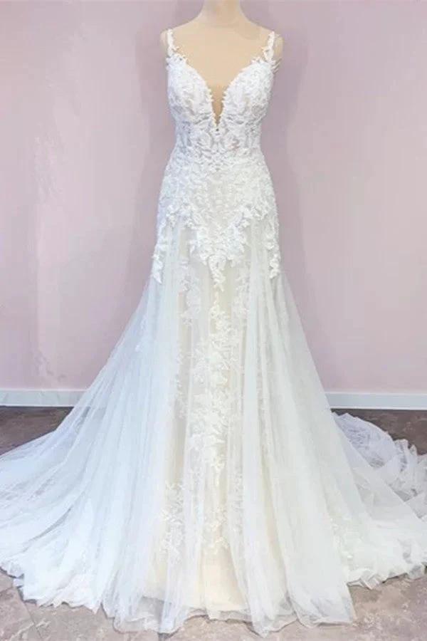 Stunning Long A-Line Tulle Sweetheart Appliques Lace Wedding Dress by BIZTUNNEL