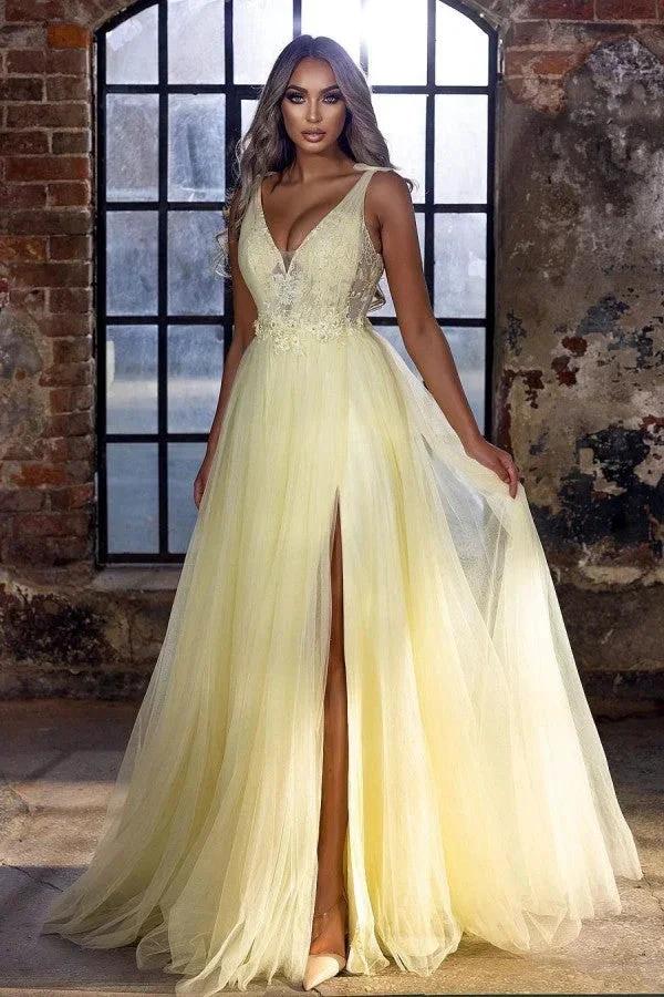 Stunning Long A-Line V-neck Appliques Lace Tulle Prom Dress With Slit by BIZTUNNEL