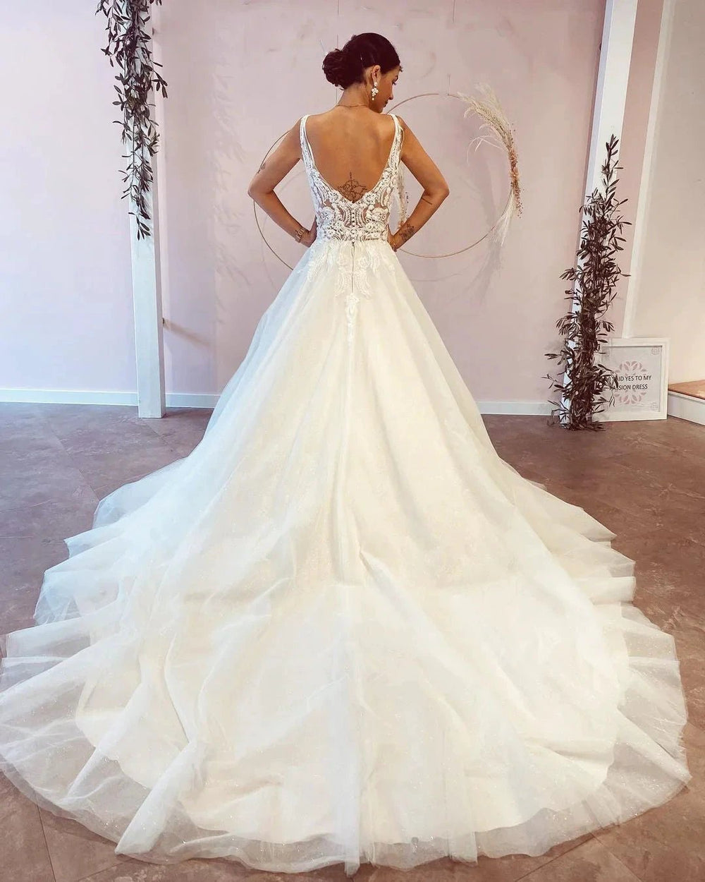 Stunning Long A-Line V-neck Backless Wedding Dress With Appliques Lace by BIZTUNNEL