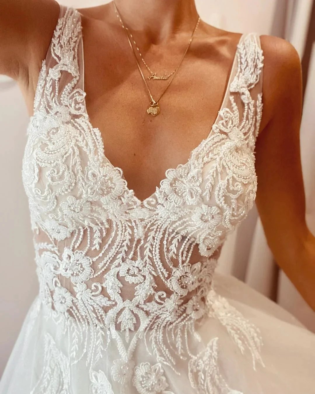 Stunning Long A-Line V-neck Backless Wedding Dress With Appliques Lace by BIZTUNNEL