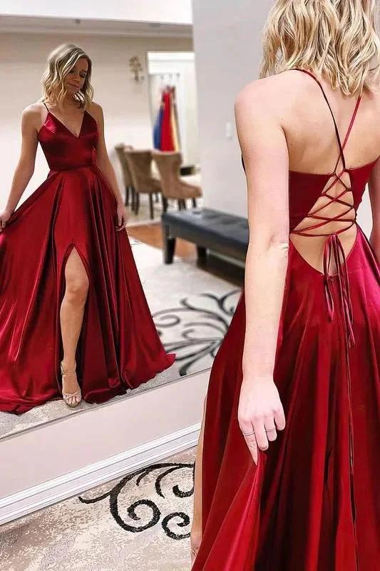 Stunning Long A-line V-neck Satin Backless Prom Dress With Slit by BIZTUNNEL