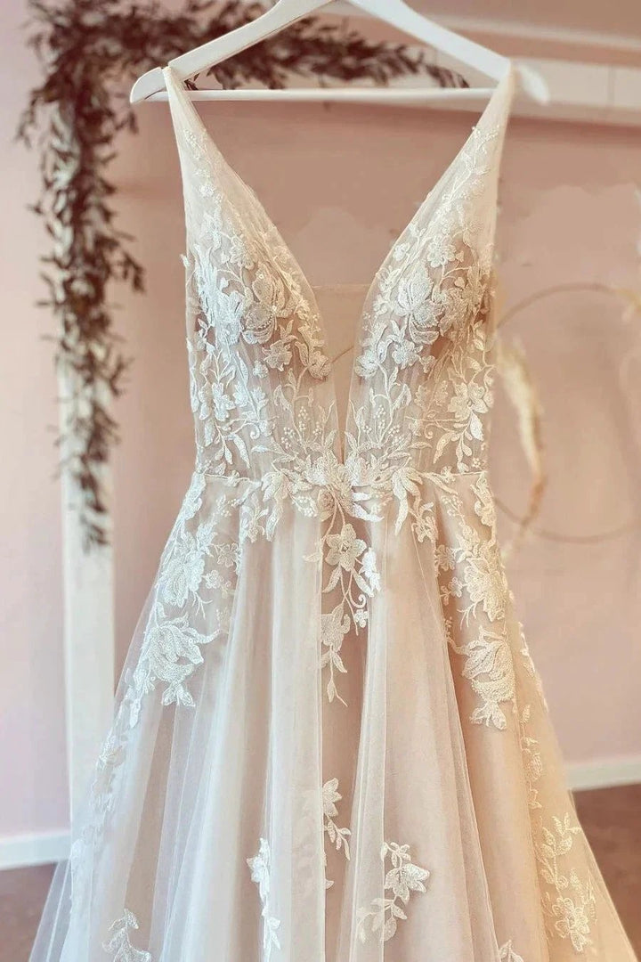 Stunning Long A-Line V-neck Tulle Floral Lace Wedding Dress by BIZTUNNEL