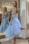 Stunning Long Blue A-line Sweetheart Long Sleeves Tulle Prom Dress with Glitter by misshow.com
