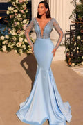 Stunning Long Blue V-neck Lace Beading Mermaid Prom Dress with Long Sleeves by misshow.com