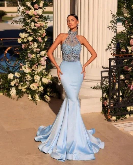 Stunning Long Blue V-neck Lace Beading Mermaid Prom Dress with Long Sleeves by misshow.com