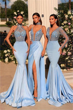 Stunning Long Blue V-neck Lace Beading Mermaid Prom Dress with Long Sleeves by misshow.com