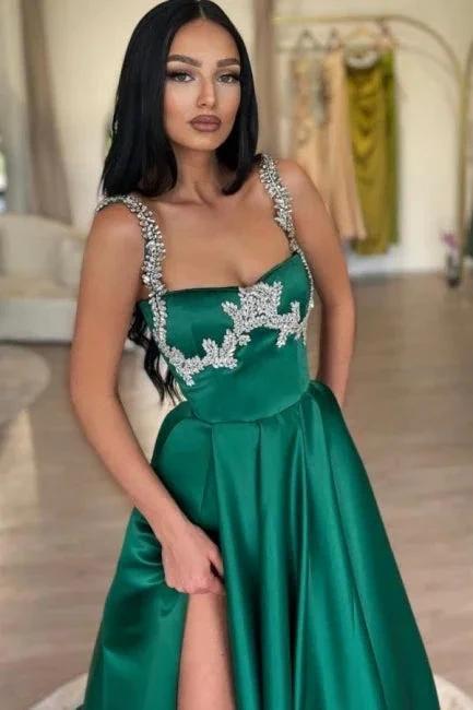 Stunning Long Dark Green A-line Sleeveless Rhinestones Satin Prom Dress with Slit by misshow.com