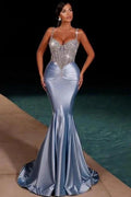 Stunning Long Dusty Blue Mermaid Spaghetti Straps Satin Rhinestones Prom Dress by misshow.com