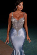 Stunning Long Dusty Blue Mermaid Spaghetti Straps Satin Rhinestones Prom Dress by misshow.com