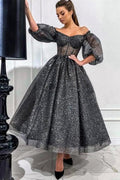 Stunning Long Gray A-line Off-the-shoulder Sequined Prom Dress with Short Sleeves by misshow.com