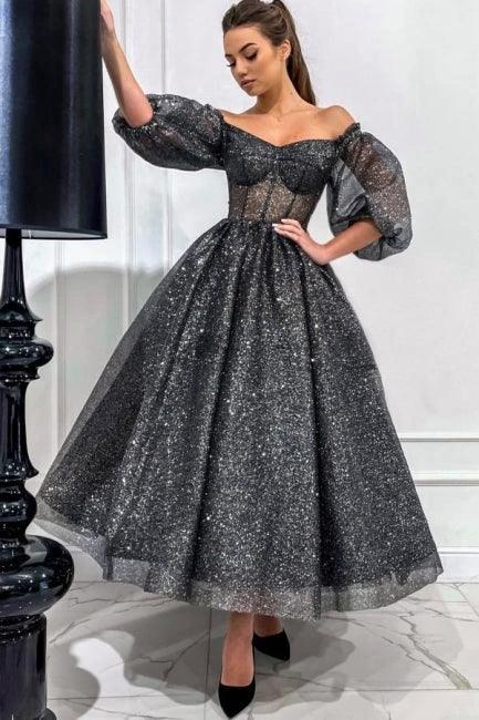 Stunning Long Gray A-line Off-the-shoulder Sequined Prom Dress with Short Sleeves by misshow.com