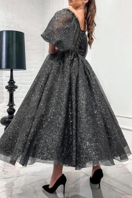 Stunning Long Gray A-line Off-the-shoulder Sequined Prom Dress with Short Sleeves by misshow.com