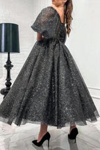 Stunning Long Gray A-line Off-the-shoulder Sequined Prom Dress with Short Sleeves by misshow.com