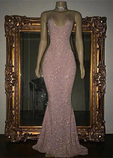 Stunning Long Halter Spaghetti Straps Sequined Mermaid Prom Dress by BIZTUNNEL