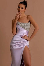 Stunning Long Lilac Column Strapless Sequined Beading Prom Dress with Slit by misshow.com