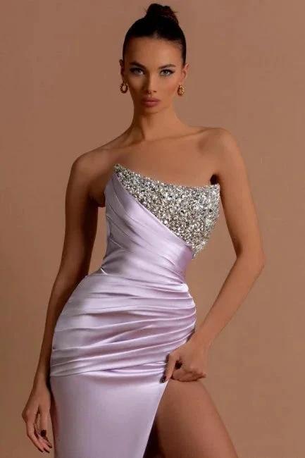 Stunning Long Lilac Column Strapless Sequined Beading Prom Dress with Slit by misshow.com