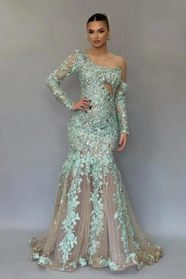 Stunning Long Mermaid One Shoulder Lace Beading Prom Dress with Long Sleeves by misshow.com