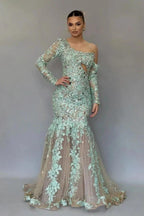 Stunning Long Mermaid One Shoulder Lace Beading Prom Dress with Long Sleeves by misshow.com