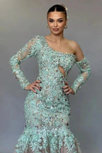 Stunning Long Mermaid One Shoulder Lace Beading Prom Dress with Long Sleeves by misshow.com