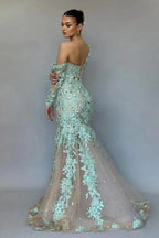Stunning Long Mermaid One Shoulder Lace Beading Prom Dress with Long Sleeves by misshow.com
