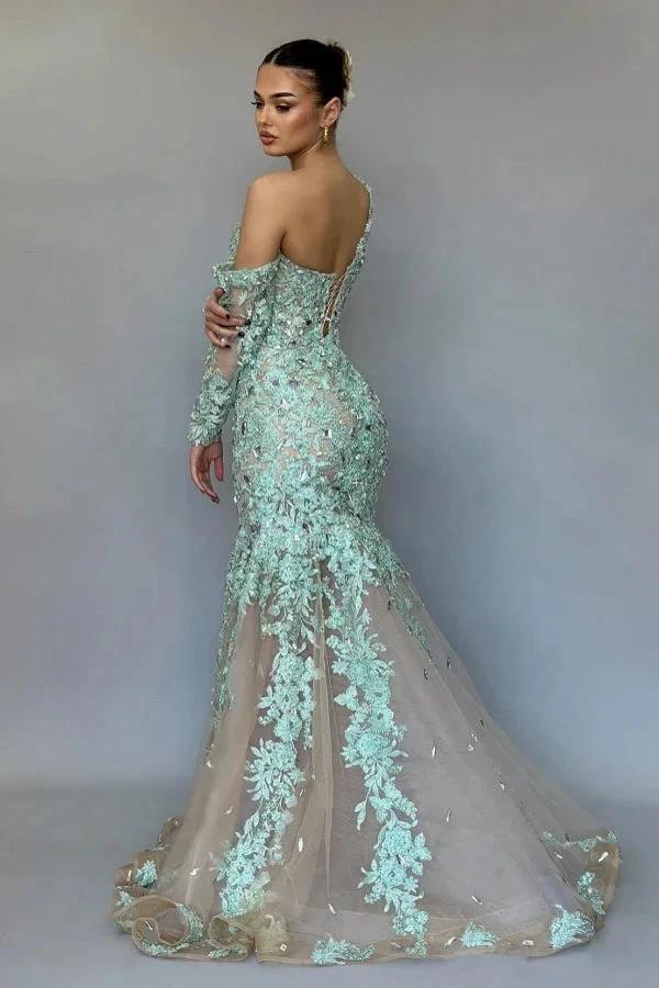 Stunning Long Mermaid One Shoulder Lace Beading Prom Dress with Long Sleeves by misshow.com