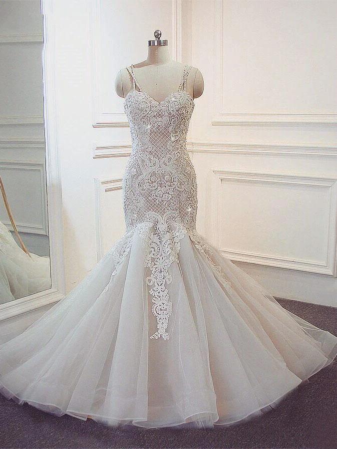 Stunning Long Mermaid Spaghetti Strap Lace Wedding Dresses by BIZTUNNEL