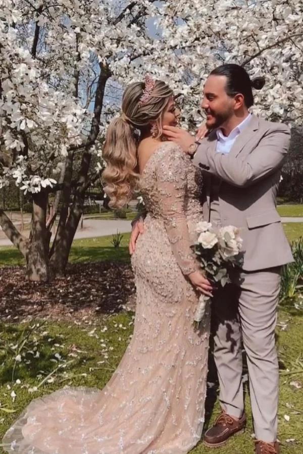 Stunning Long Mermaid V-neck Lace Front Slit Wedding Dress with Sleeves by BIZTUNNEL