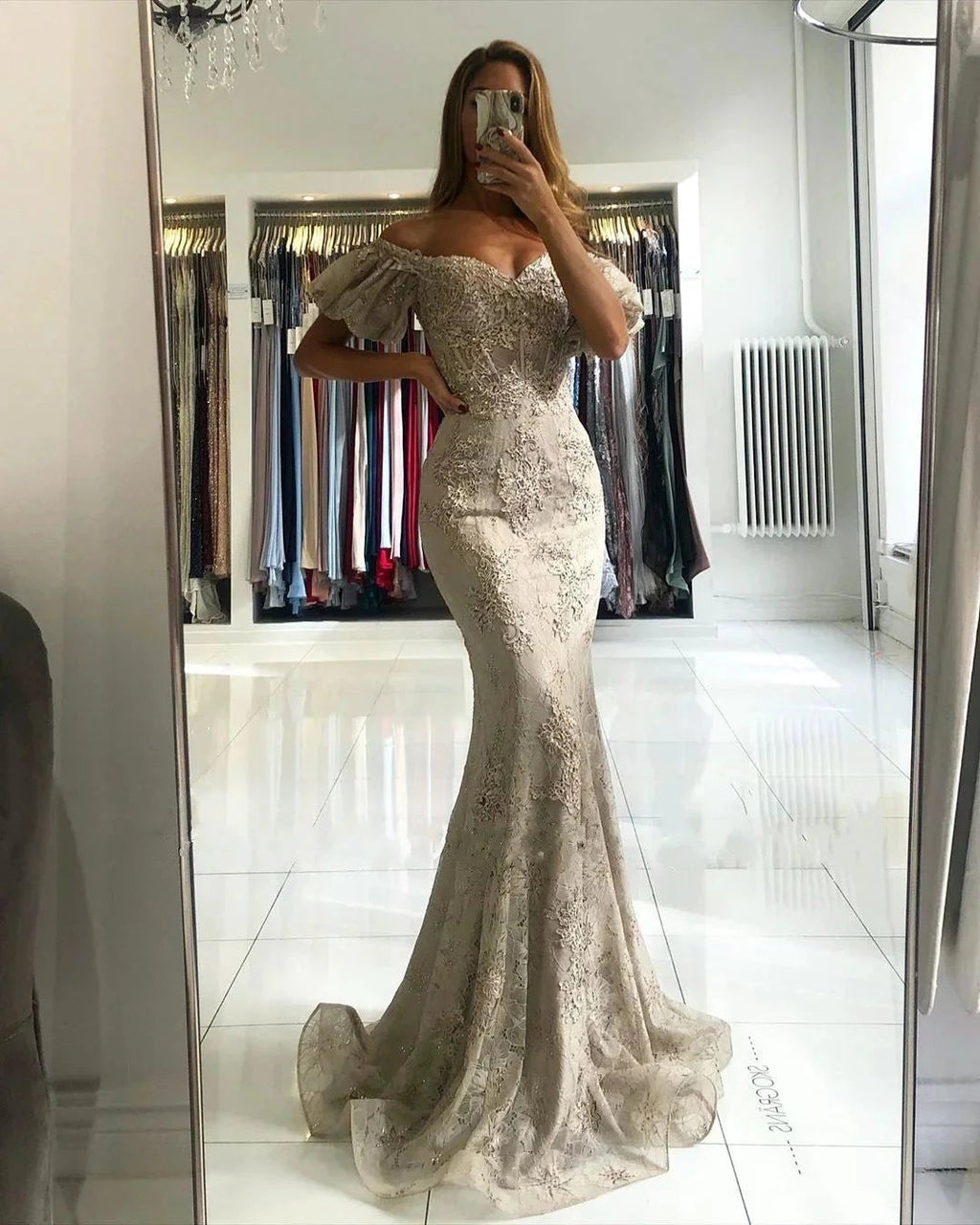 Stunning Long Off-the-shoulder Lace Mermaid Prom Dress with Puffy Sleeves by BIZTUNNEL