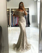 Stunning Long Off-the-shoulder Lace Mermaid Prom Dress with Puffy Sleeves by BIZTUNNEL