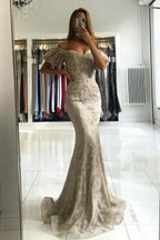 Stunning Long Off-the-shoulder Lace Mermaid Prom Dress with Puffy Sleeves by BIZTUNNEL