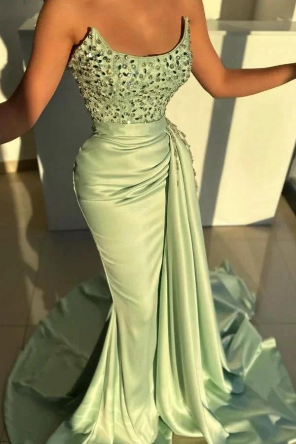 Stunning Long Sage Mermaid Strapless Beading Jewel Sleeveless Prom Dress by misshow.com