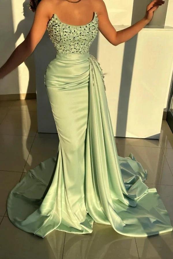 Stunning Long Sage Mermaid Strapless Beading Jewel Sleeveless Prom Dress by misshow.com