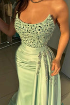 Stunning Long Sage Mermaid Strapless Beading Jewel Sleeveless Prom Dress by misshow.com