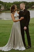 Stunning Long Silver A-line Halter Pleated Sexy Prom Dress with Rhinestones by misshow.com