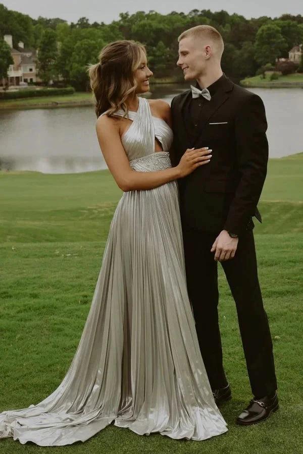 Stunning Long Silver A-line Halter Pleated Sexy Prom Dress with Rhinestones by misshow.com