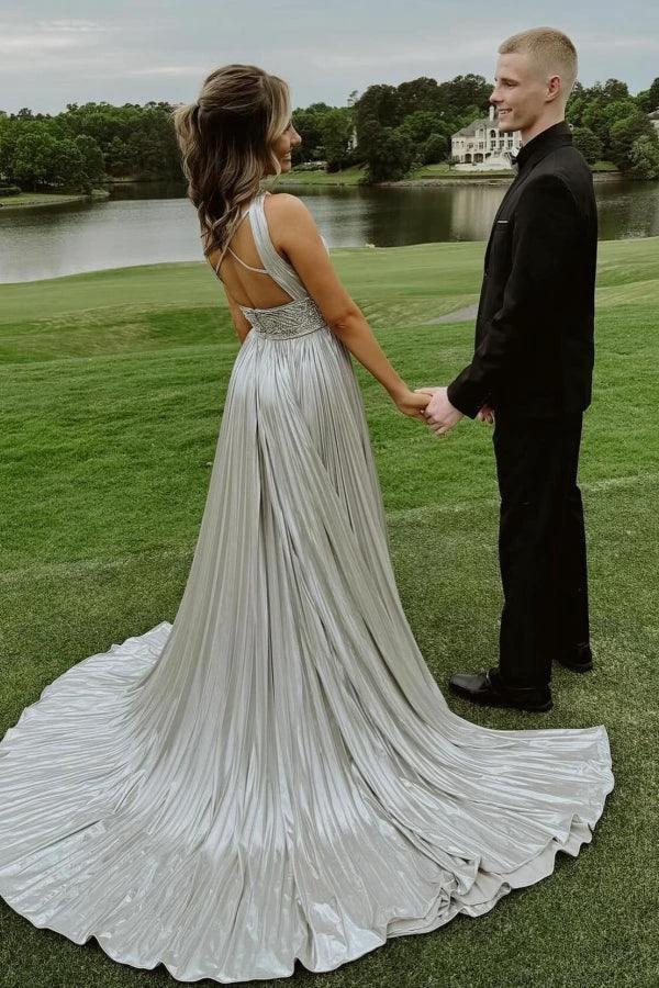 Stunning Long Silver A-line Halter Pleated Sexy Prom Dress with Rhinestones by misshow.com