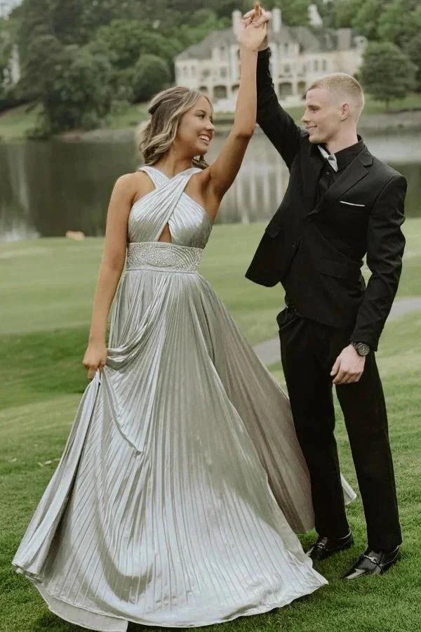 Stunning Long Silver A-line Halter Pleated Sexy Prom Dress with Rhinestones by misshow.com