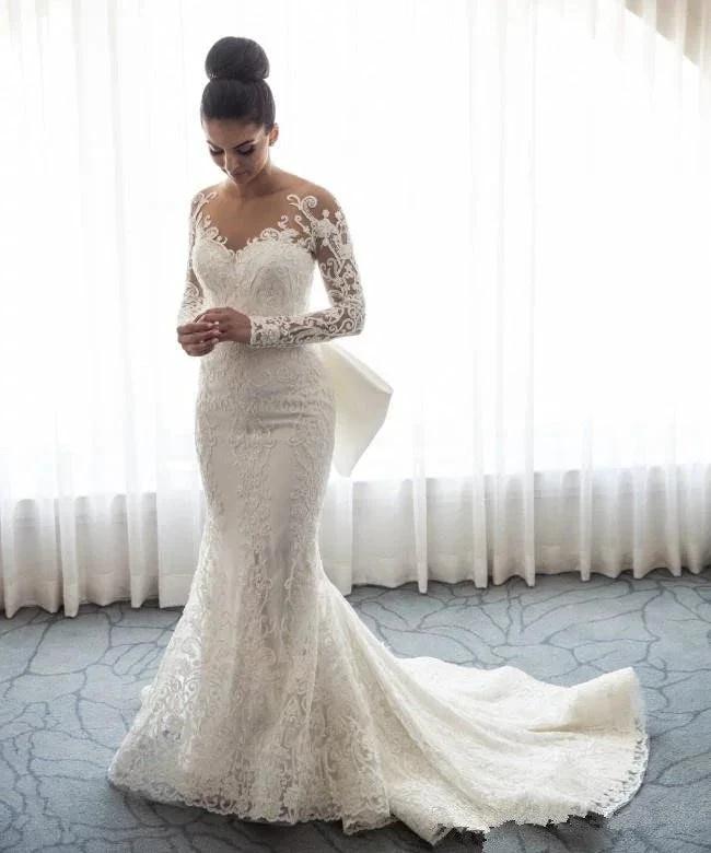 Stunning Mermaid Lace Bowknot Wedding Bride Dress Detachable Overskirt Sleeve Bridal Dress by misshow.com